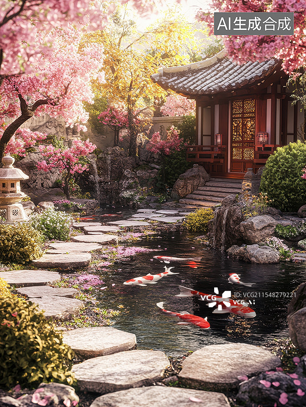 【AI数字艺术】莲叶锦鲤的静谧之境图片素材