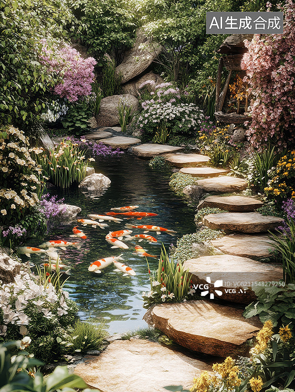 【AI数字艺术】莲叶锦鲤的静谧之境图片素材