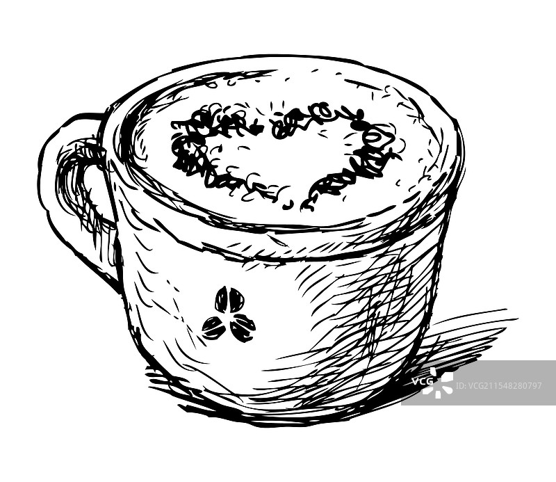卡布奇诺咖啡杯的素描，杯中有泡沫图片素材
