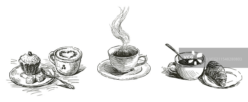 三种不同咖啡杯的素描，杯中有泡沫图片素材