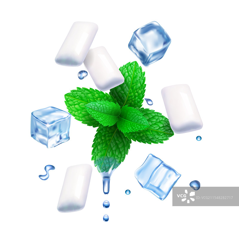 逼真的薄荷口香糖与冰块和白色口香糖图片素材