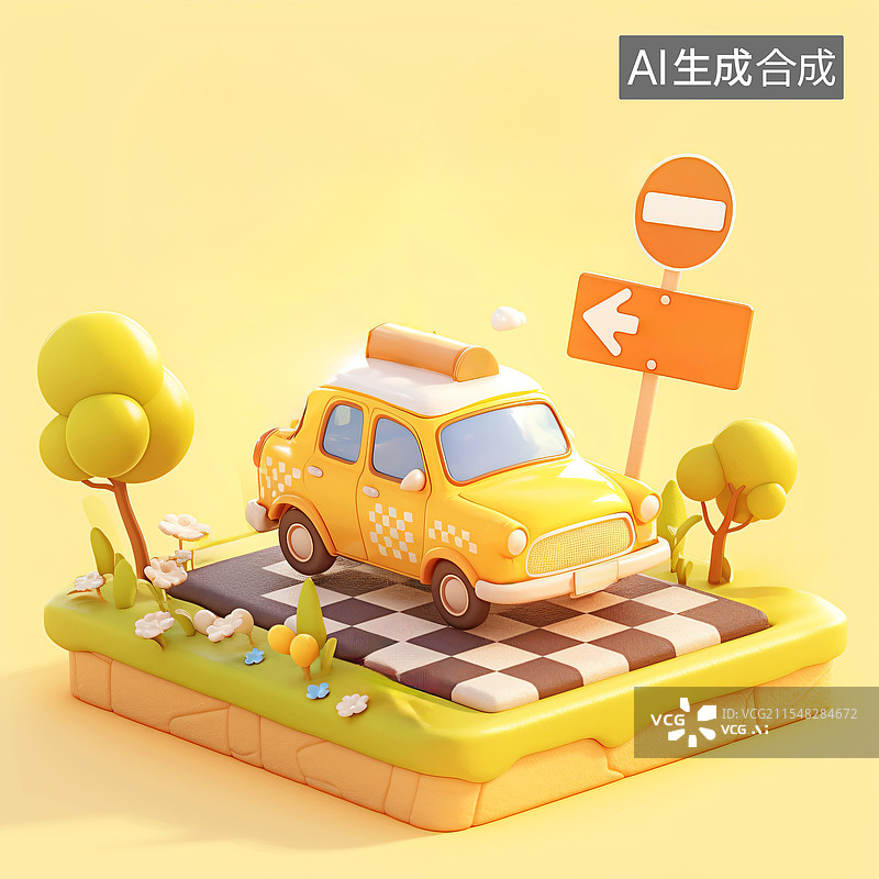 【AI数字艺术】小轿车、出租车、四轮车、交通工具、卡通、C4D、图标、可爱图片素材