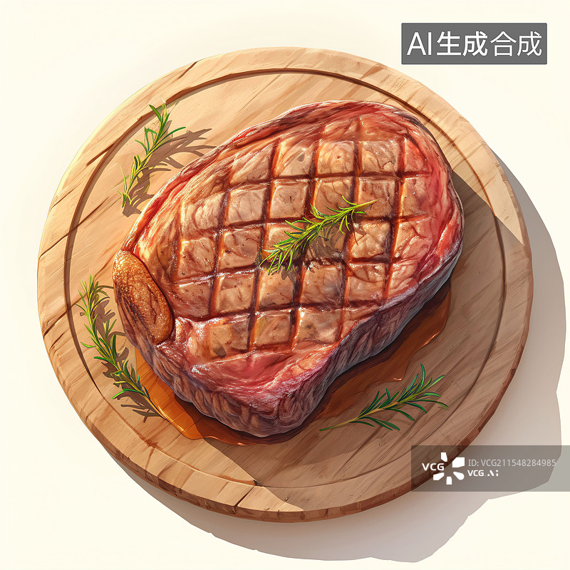 【AI数字艺术】木质菜板、托盘、牛肉、西餐、卡通、C4D、图标、可爱图片素材