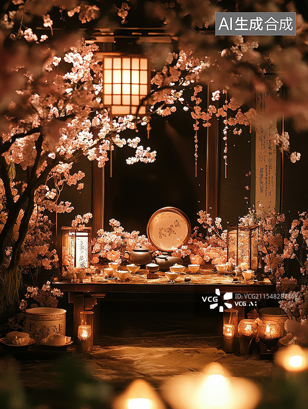 【AI数字艺术】樱花树下的茶道和烛光图片素材