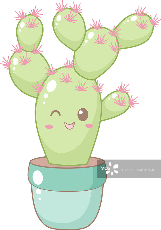 可爱的仙人掌，蓝色花盆里开着小粉花图片素材