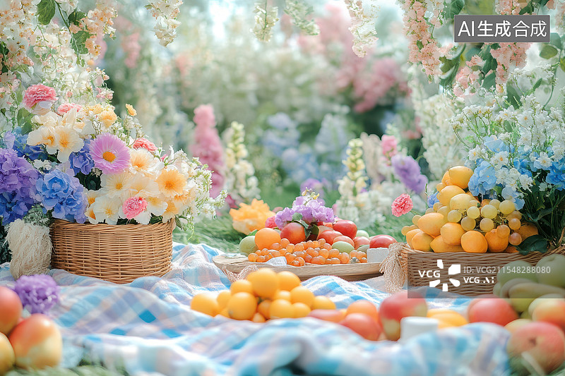 【AI数字艺术】花束下的春游野餐时光图片素材