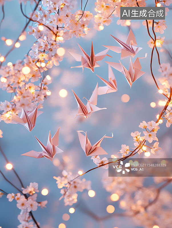 【AI数字艺术】樱花树下的千纸鹤图片素材