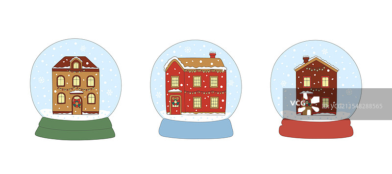玻璃雪花球套装，内部有房子，适合圣诞节使用图片素材