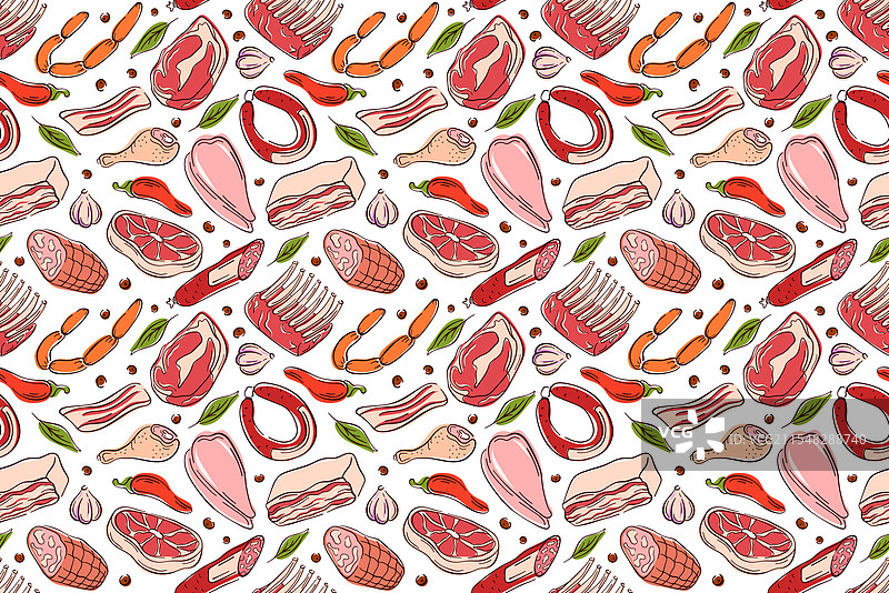 无缝的平面风格肉类图案，包含不同种类图片素材