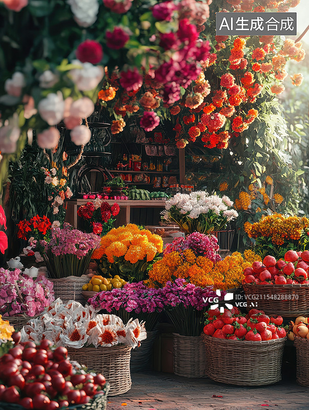 【AI数字艺术】鲜花簇拥的浪漫花店图片素材