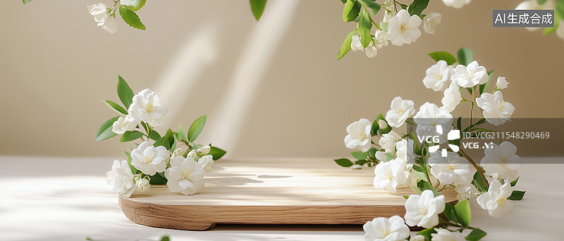 【AI数字艺术】木质平台与茉莉花展示场景图片素材