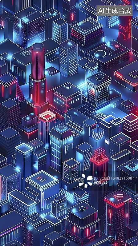 【AI数字艺术】数码科技红蓝色赛博朋克城市海报背景图片素材