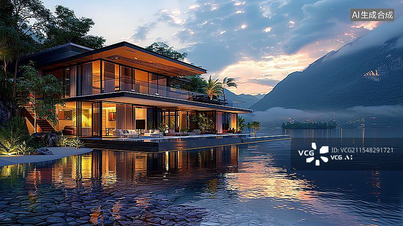 【AI数字艺术】湖畔的现代奢华别墅  静谧湖景度假胜地图片素材
