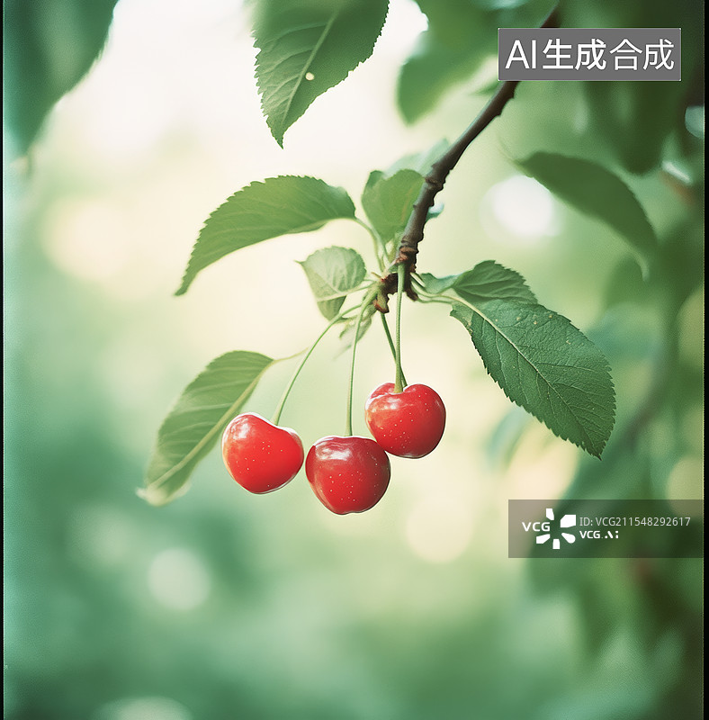 【AI数字艺术】两颗成熟的樱桃挂在树枝上图片素材