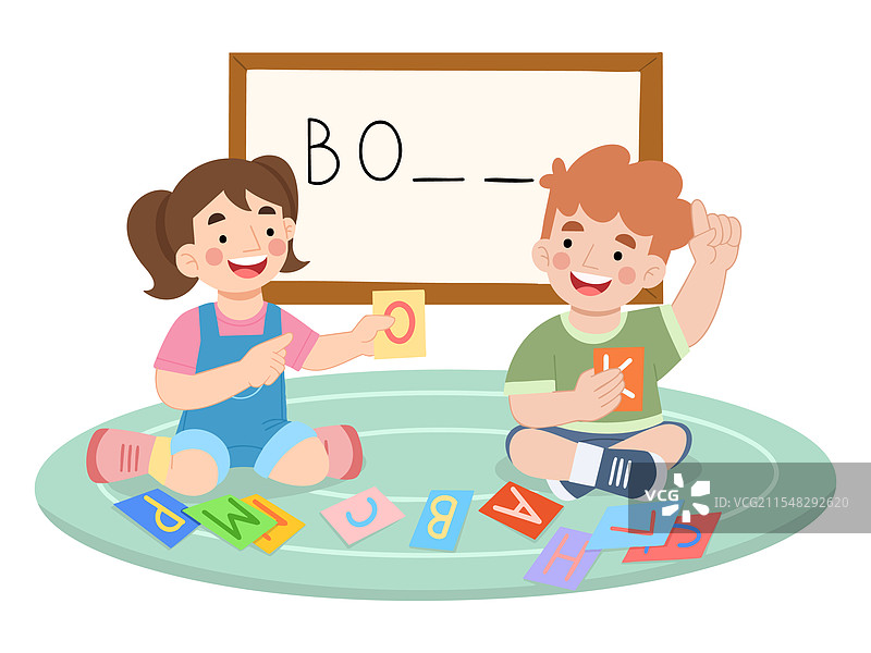 快乐的孩子们在玩字母拼图卡通游戏图片素材