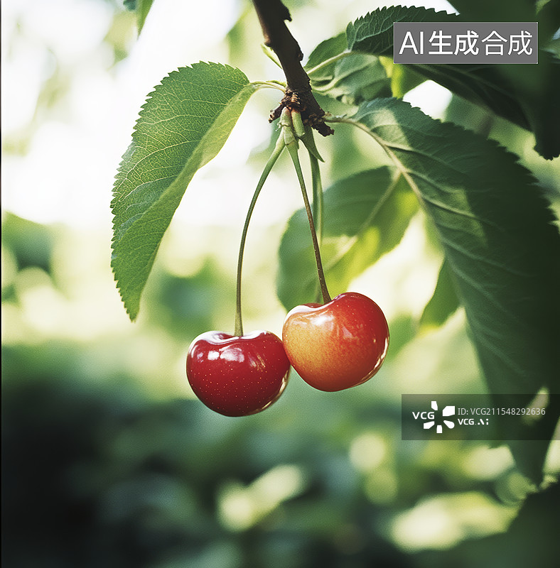 【AI数字艺术】两颗成熟的樱桃挂在树枝上图片素材