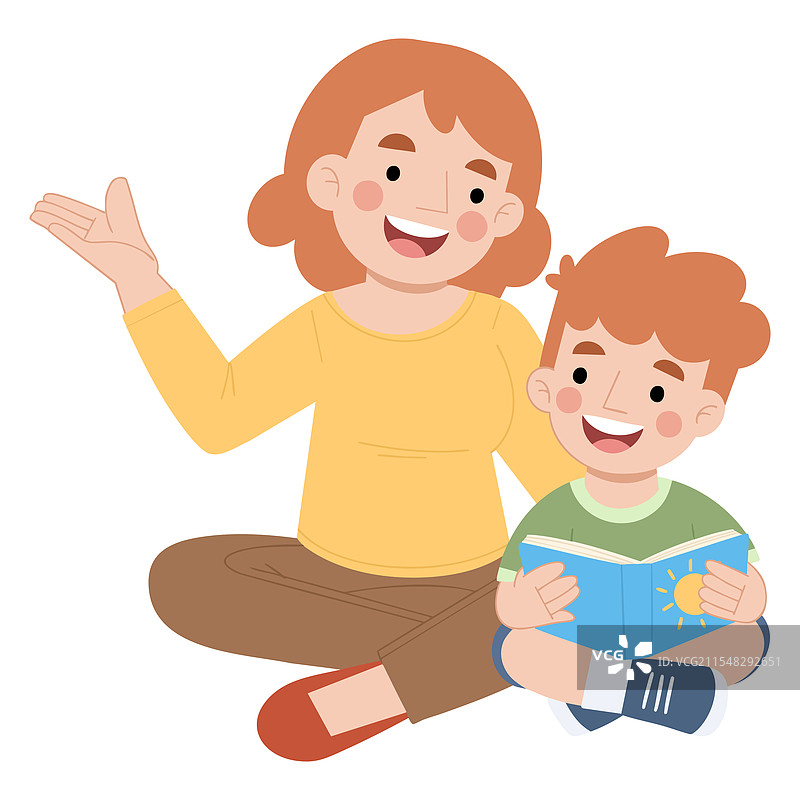 母亲和儿子在阅读一本书图片素材