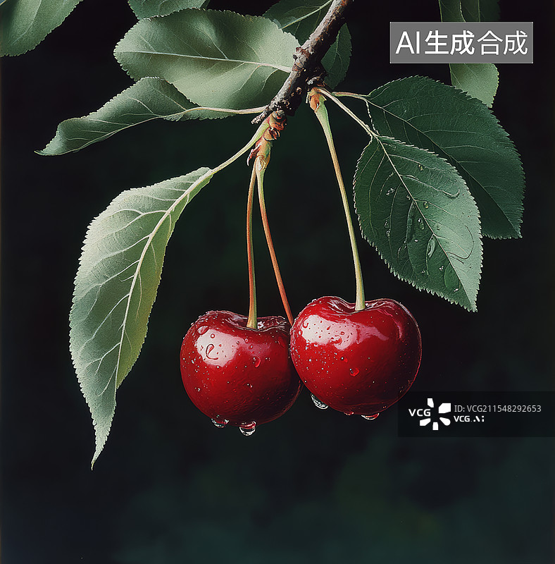 【AI数字艺术】两颗成熟的樱桃挂在树枝上图片素材