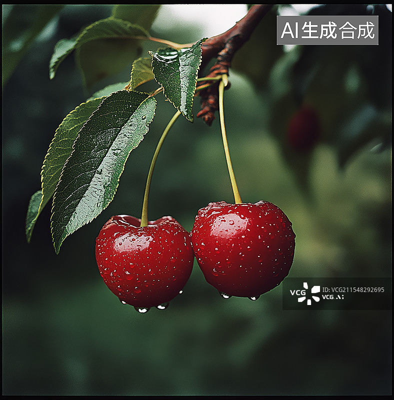 【AI数字艺术】两颗成熟的樱桃挂在树枝上图片素材