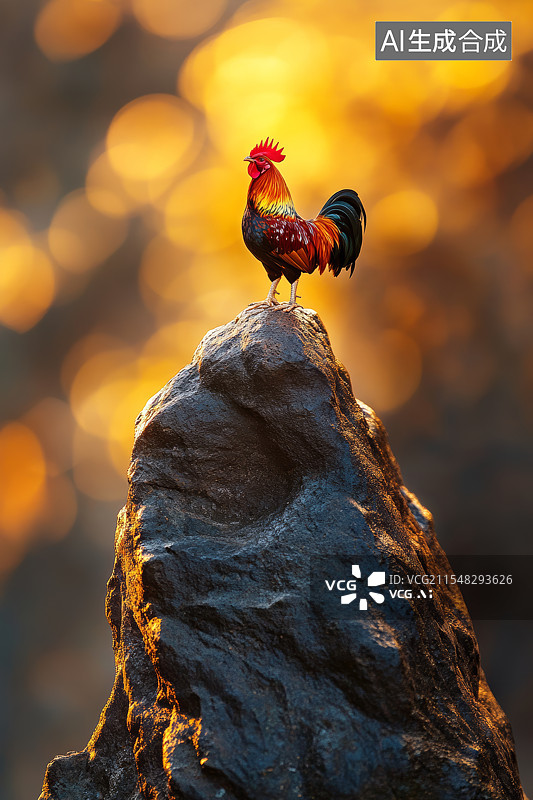 【AI数字艺术】一只雄伟的公鸡栖息在一块孤立的岩石上图片素材