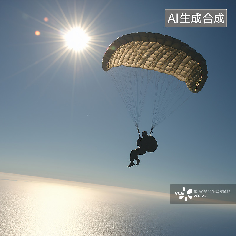 【AI数字艺术】展现滑翔伞于天空中飞翔的画面，飞手驭伞乘风，下方或是山川海洋，满是自由与冒险气息。图片素材