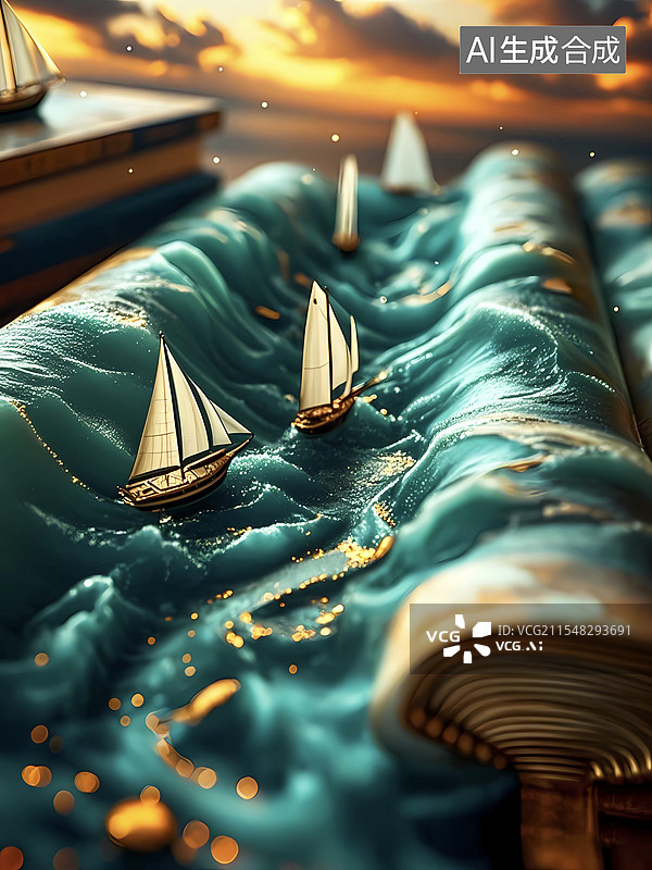 【AI数字艺术】3d打开的卷轴国风山水画图片素材