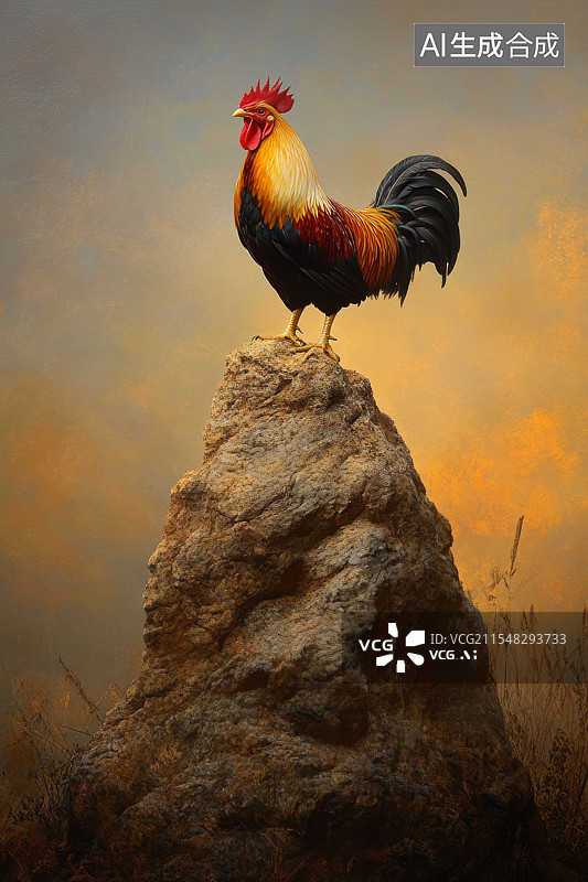 【AI数字艺术】一只雄伟的公鸡栖息在一块孤立的岩石上图片素材
