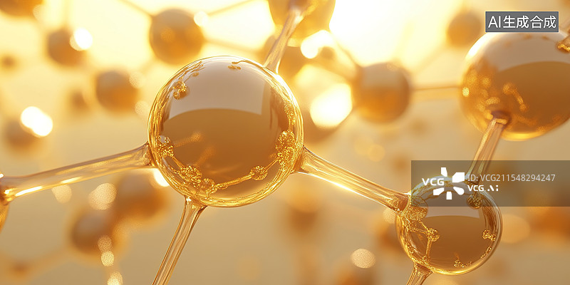 【AI数字艺术】奢华护肤科技3D渲染的金色分子结构与球体化妆品广告抽象美容产品背景图片素材