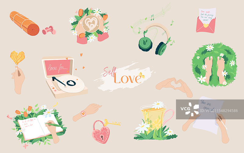 自爱与自我关怀物品套装图片素材