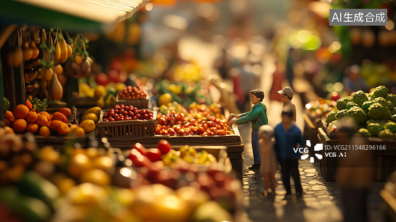 【AI数字艺术】一个摆满各种水果的热闹市场，有几位顾客正在摊位前选购，充满生活气息图片素材