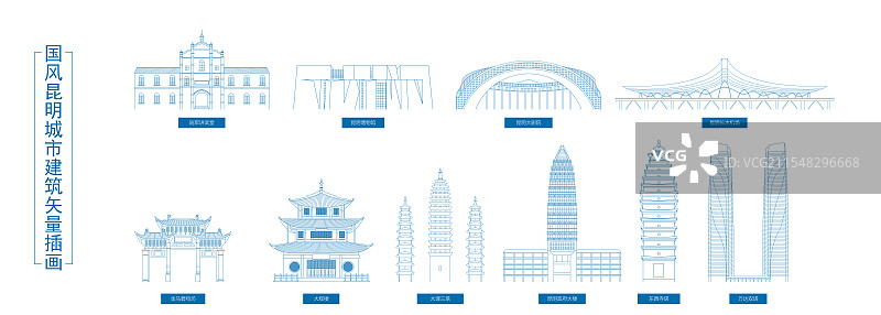 蓝色昆明城市地标建筑线稿矢量插画海报图片素材