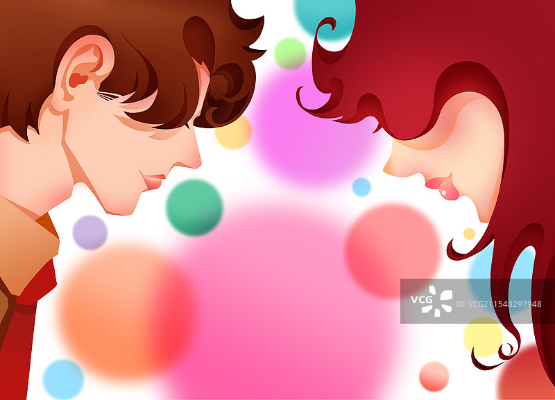 情人节七夕情侣甜蜜对视双人侧脸扁平插画图片素材