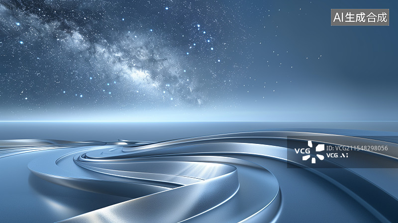 【AI数字艺术】充满未来感的银色曲面景观，上方是布满繁星的浩瀚星空，整体氛围神秘而深邃图片素材