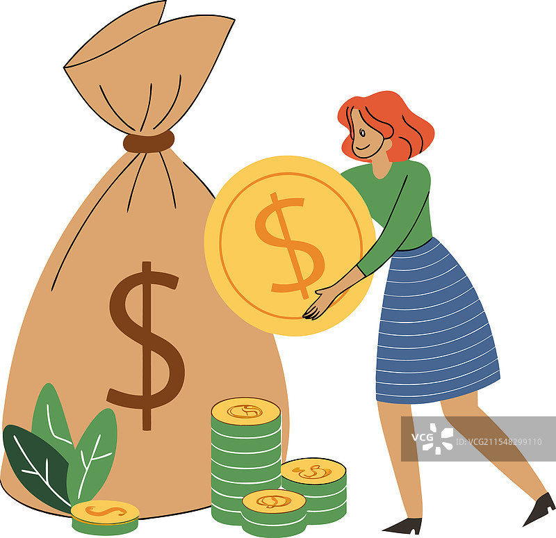 女人伸手去拿一个大袋子的钱图片素材