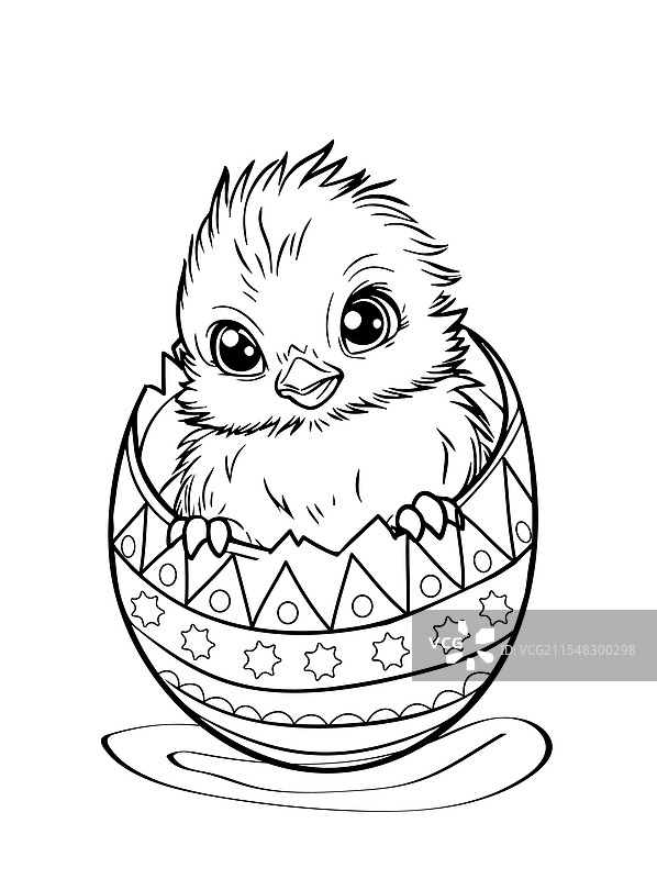 涂色页：坐在复活节彩蛋里的小鸡图片素材