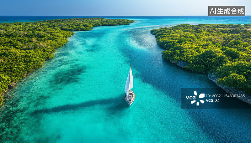 【AI数字艺术】海上帆船航行于清澈蔚蓝的海面图片素材