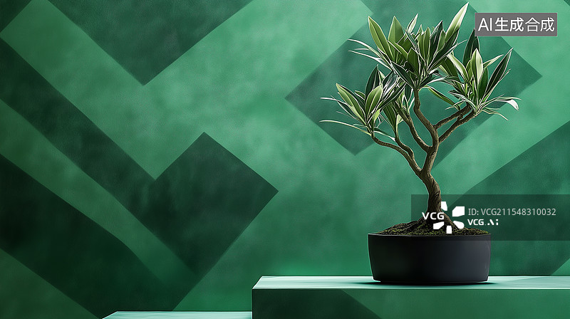 【AI数字艺术】绿色几何层次盆栽展示场景图片素材