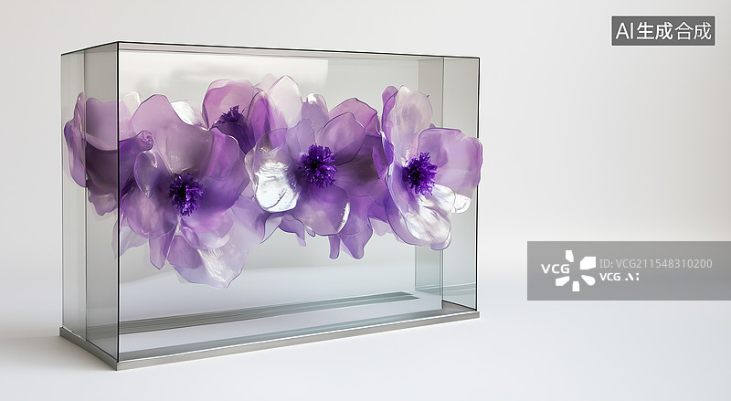 【AI数字艺术】现代透明玻璃紫色花朵场景图片素材