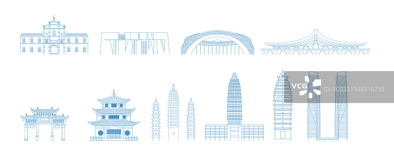 蓝色昆明城市地标建筑矢量插画图片素材