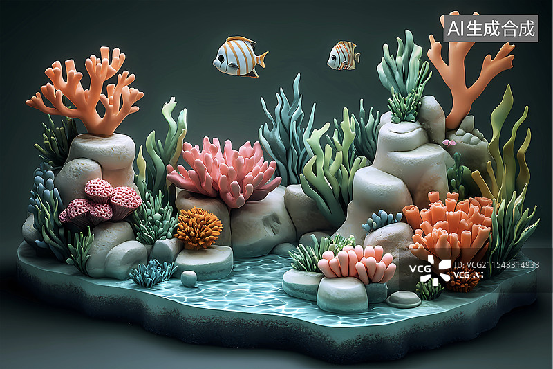 【AI数字艺术】3D卡通海底世界珊瑚海葵生物群图片素材