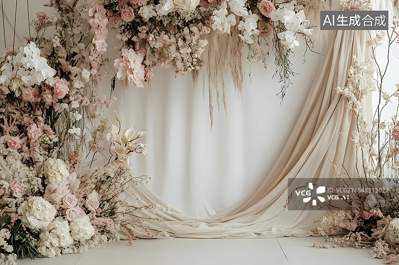 【AI数字艺术】浪漫鲜花帷幕展台展厅婚礼背景墙图片素材