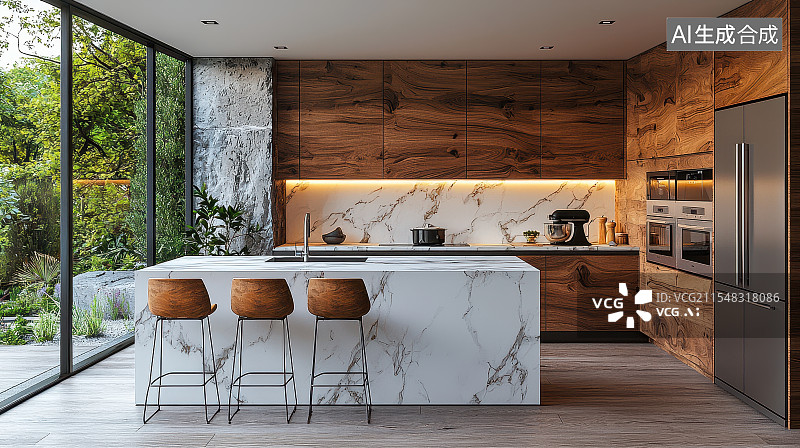 【AI数字艺术】现代简约轻奢风开放式厨房建筑室内设计样板间图片素材