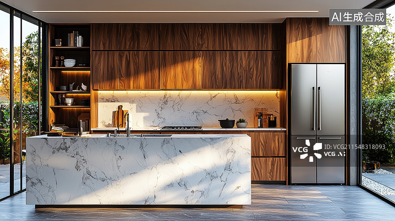 【AI数字艺术】现代简约轻奢风开放式厨房建筑室内设计样板间图片素材
