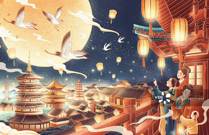 国风古建筑夜景赏月图片素材