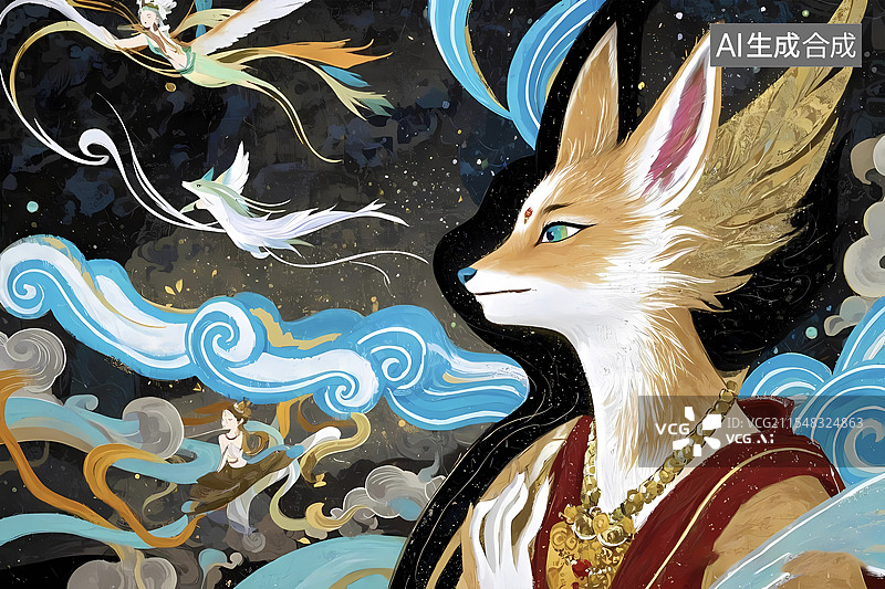 【AI数字艺术】敦煌岩彩壁画狐仙山海经古代神话图片素材