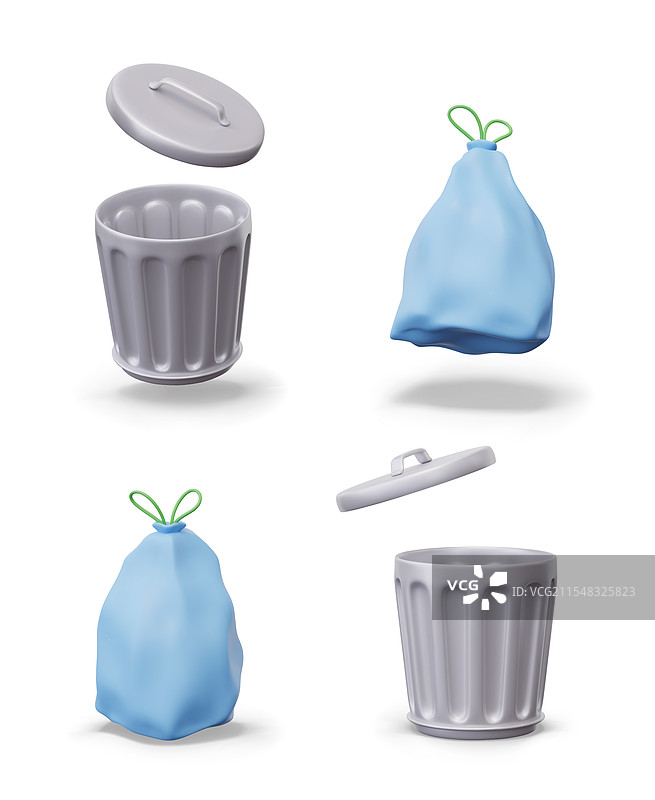 带盖的圆形金属垃圾桶和垃圾袋图片素材