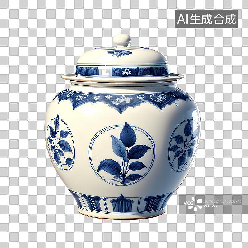 【AI数字艺术】3D渲染，青花瓷摆件，茶叶罐，陶瓷坛子，免抠元素图片素材