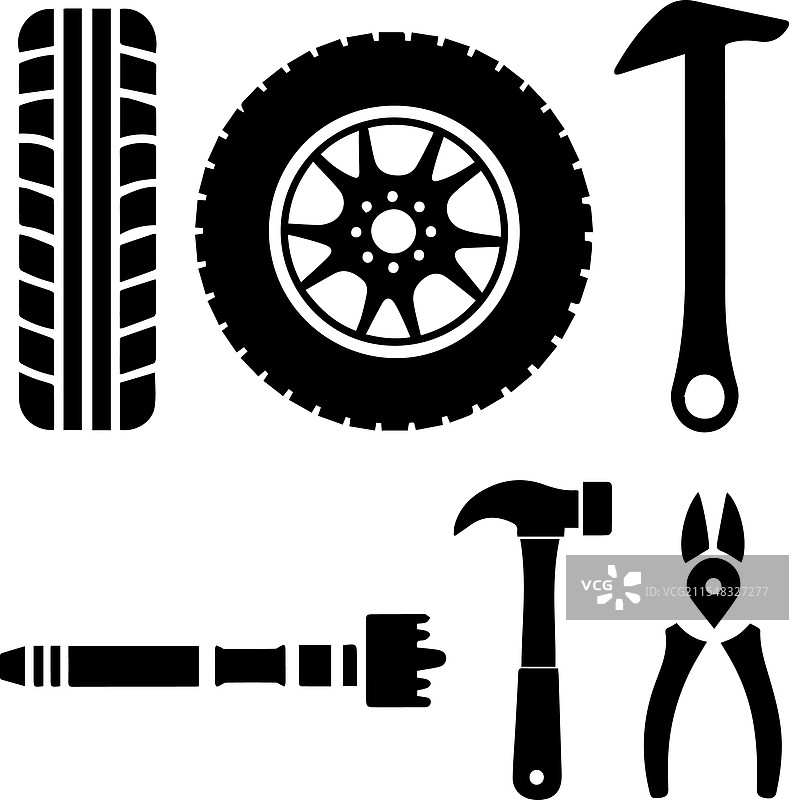 汽车零件图标集：汽车轮胎、扳手、锤子图片素材