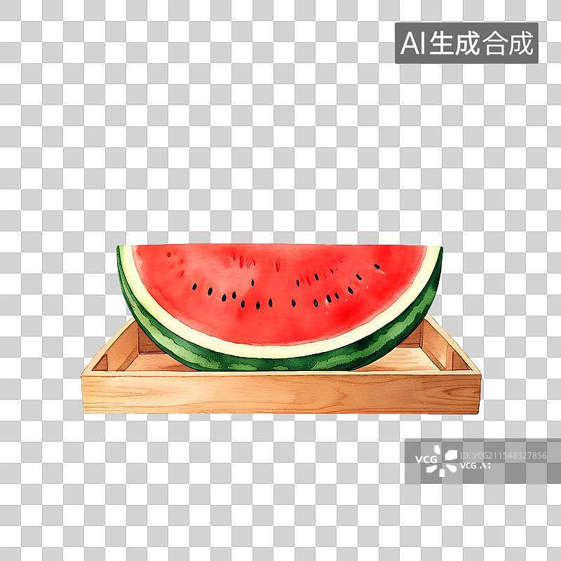 【AI数字艺术】手绘插画，木质托盘里的西瓜，夏天免抠元素图片素材