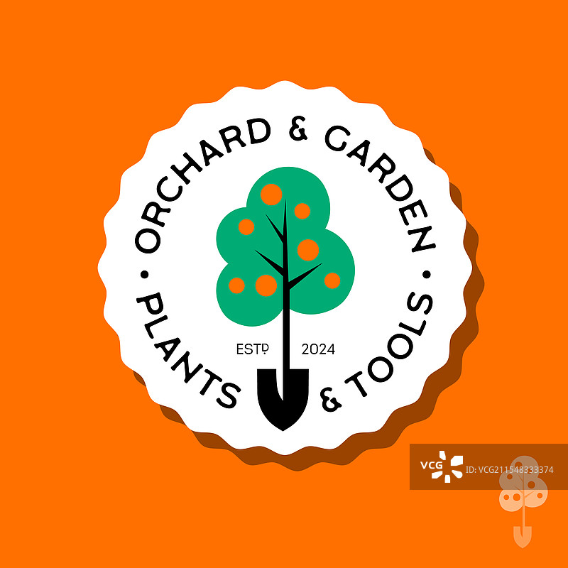 果园花园图标，铲子，果树，波浪圆圈图片素材